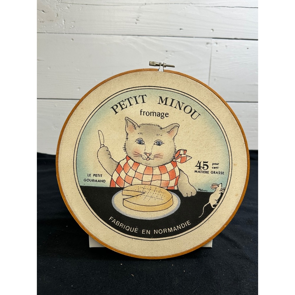 Petit Minou Fromage Cat French Cheese Label Wall Art Embroidery Hoop Decor